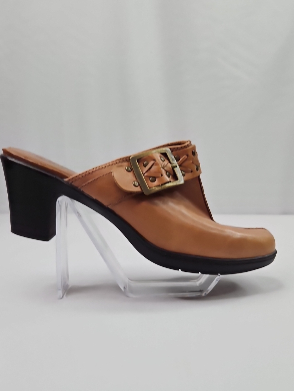 Clarks Tan Leather Buckle Mule Heels Size 10
